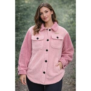 Simply Southern Pink Colorblock Sherpa Shacket Fleece Jacket Womens Medium